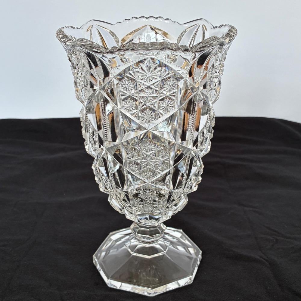 Vintage Cut Lead Crystal Pedestal Vase Snowflake Scalloped Rim Regency Wedding